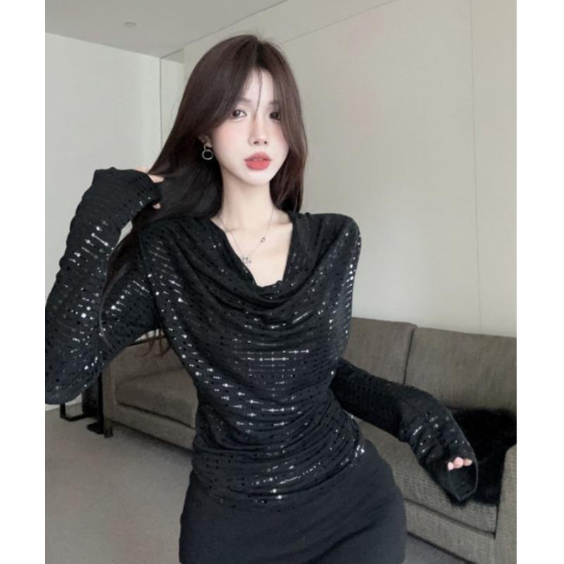 秋冬独特别致复古甜辣妹亮片垂折领露背高级感修身上衣打底衫女内