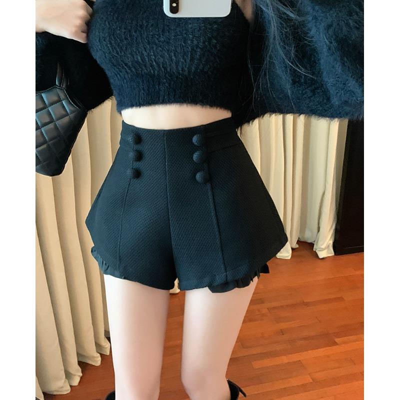 秋冬小个子双排扣高腰a字休闲短裤女设计感小众宽松显瘦阔腿裤子