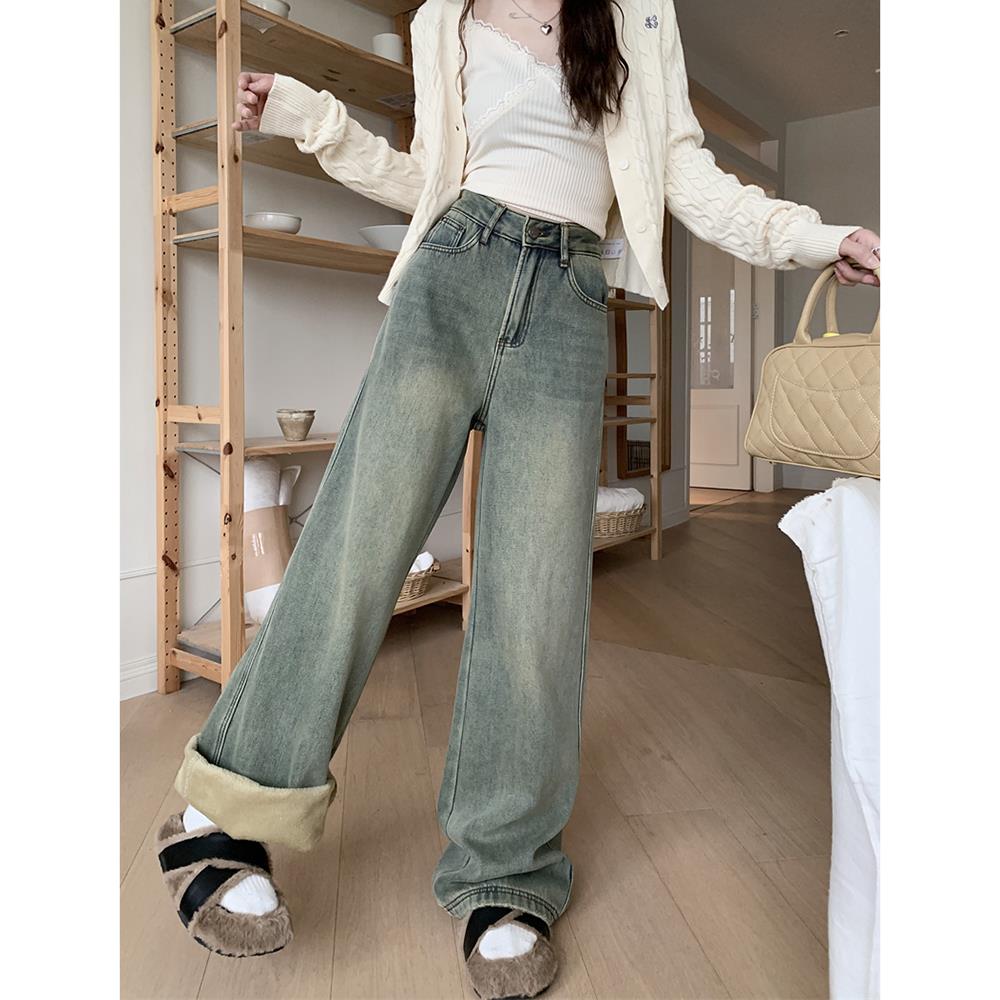 美式甜酷加绒加厚牛仔裤女秋冬2023新款百搭复古高腰拖地阔腿长裤
