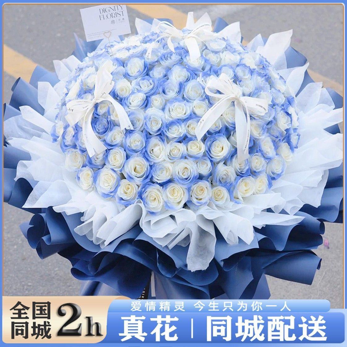 真花碎冰蓝渐变玫瑰花鲜花花束送女朋友速递同城配送