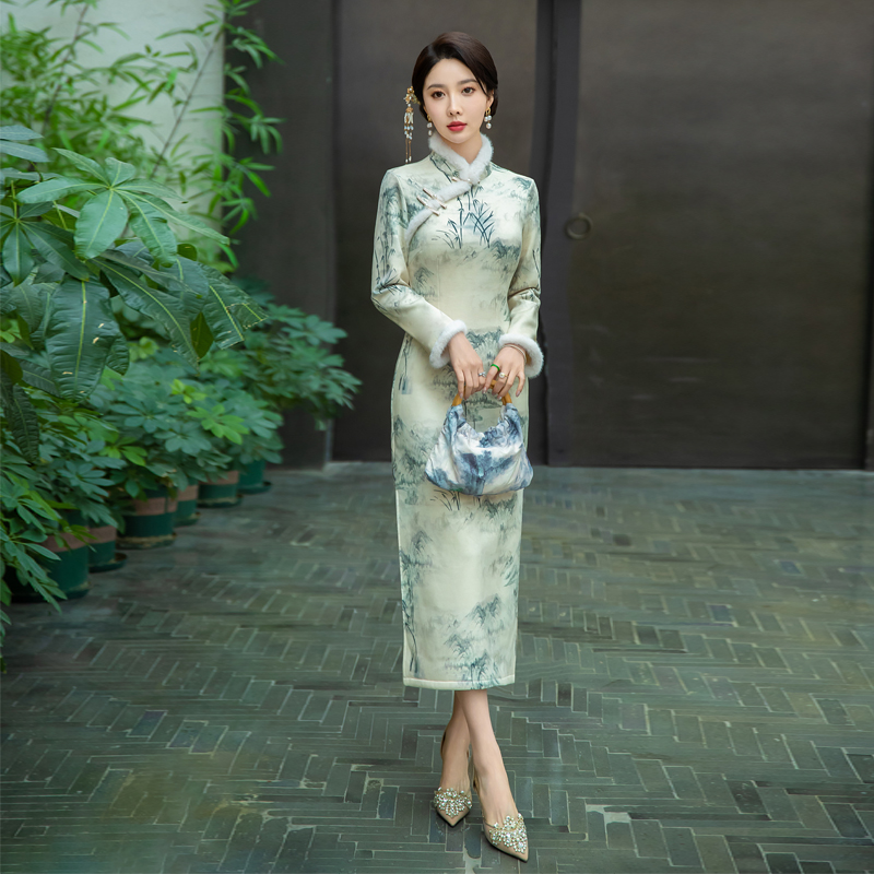 加长款加绒加厚高档鹿皮绒旗袍日常连衣裙显气质显身材显年轻