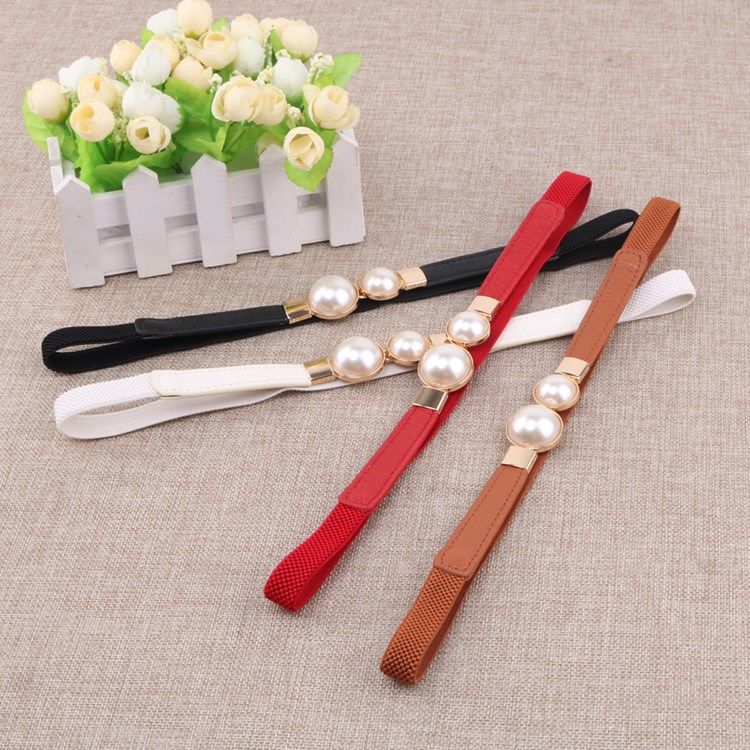 皮带珍珠束腰细腰带女松紧弹力配裙子装饰连衣裙百搭对扣细皮带女