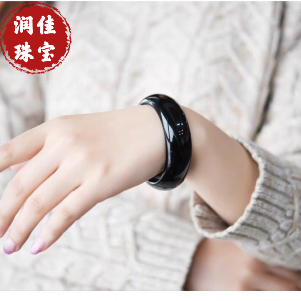 巴西天然黑玛瑙手镯玉髓镯子圆条福镯扁条平安镯女款加宽加厚玉石