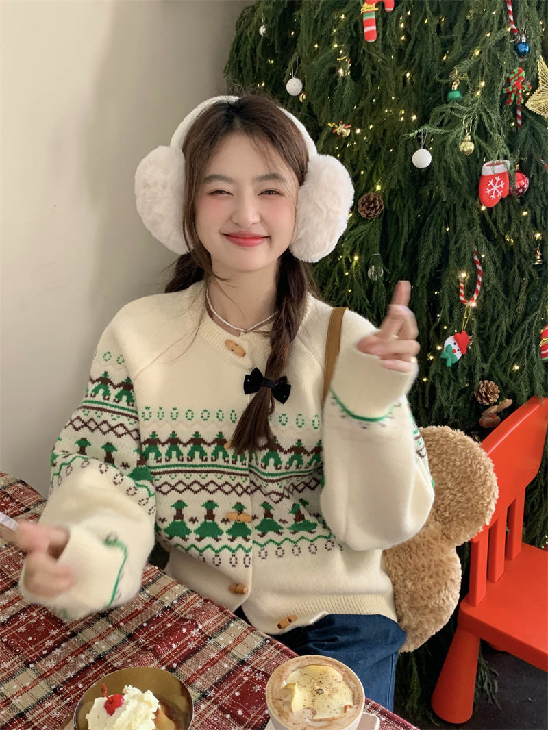新年氛围感费尔岛毛衣开衫女秋冬软糯慵懒风牛角扣针织外套上衣女