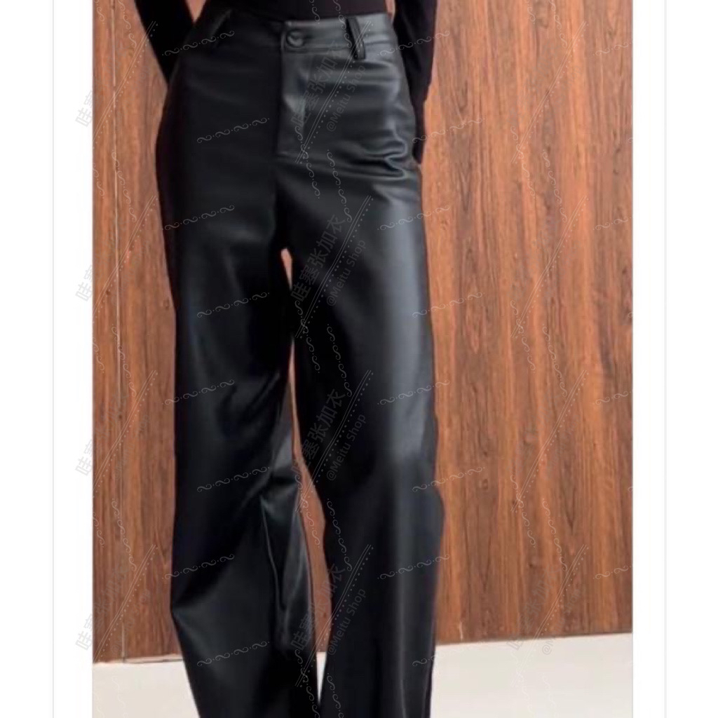 1072加绒高腰直筒显瘦黑色皮裤女宽松百搭秋冬阔腿长裤