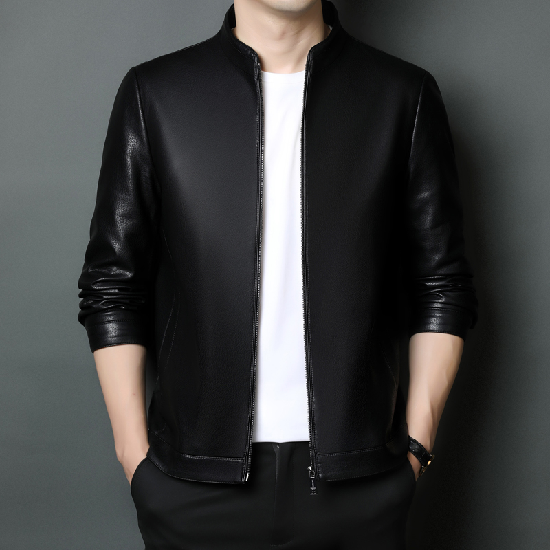 海宁秋冬【加绒】男士牛皮立/翻领真皮休闲高档商务修身时尚皮衣