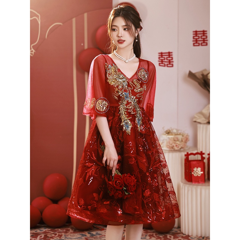 红色旗袍敬酒服孕妇新中式2025爆款结婚新娘回门大码胖mm连衣裙女