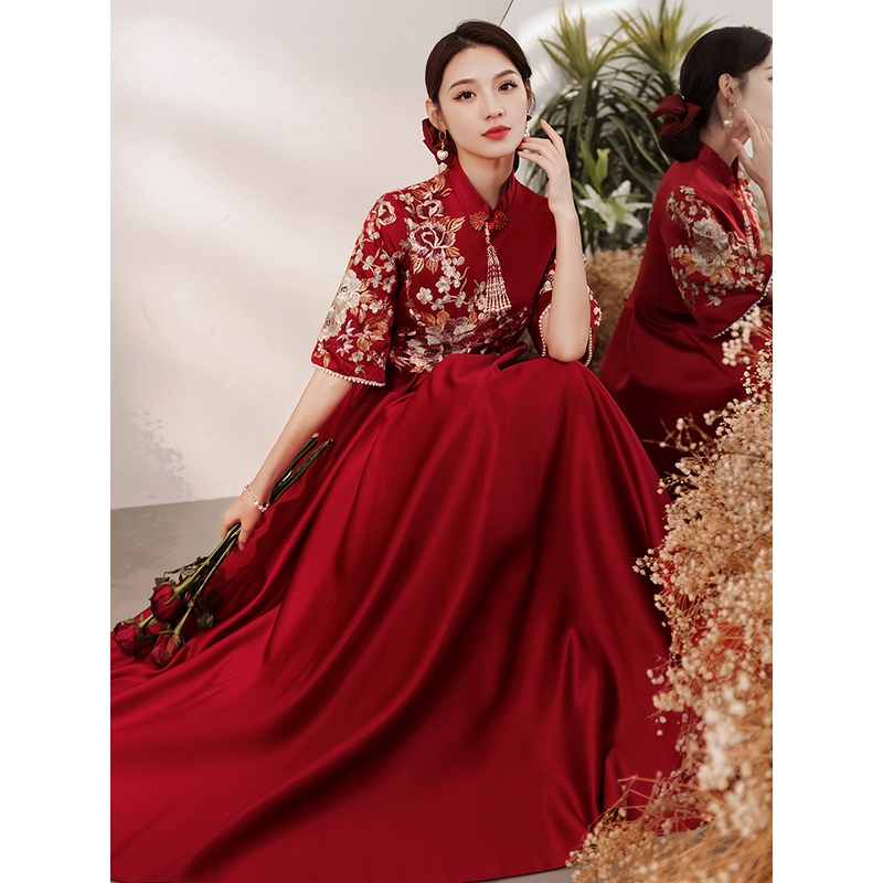 中式旗袍孕妇敬酒服新娘胖mm礼服女秋季结婚订婚连衣裙大码遮肚子