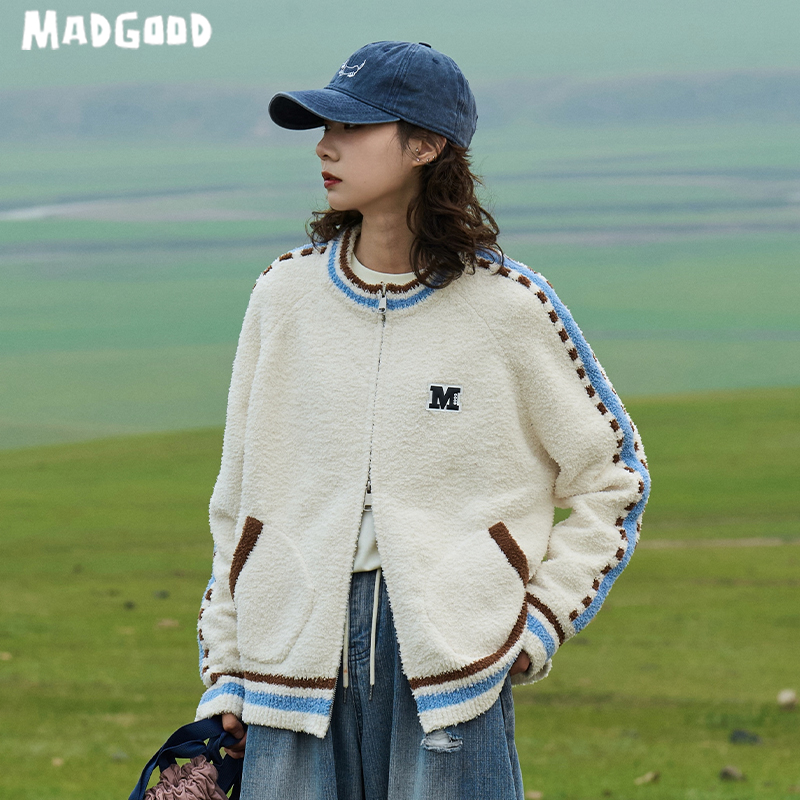 马得工地madgood日系撞色棒球领logo学院风毛衣开衫MDGDMY243199