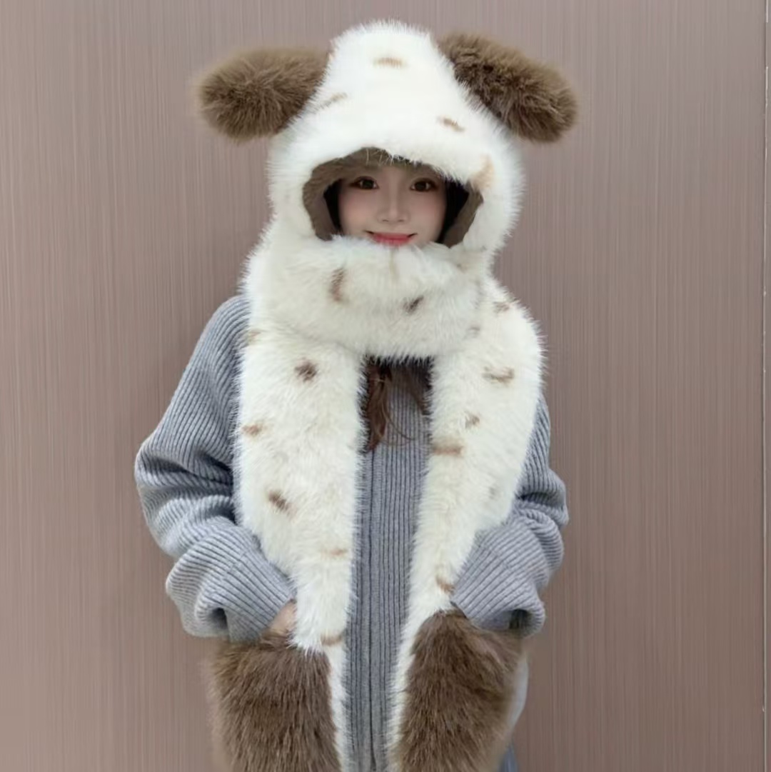 （加厚款)冬季新款帕恰狗配色可爱毛绒保暖手套帽子围巾一体三件套