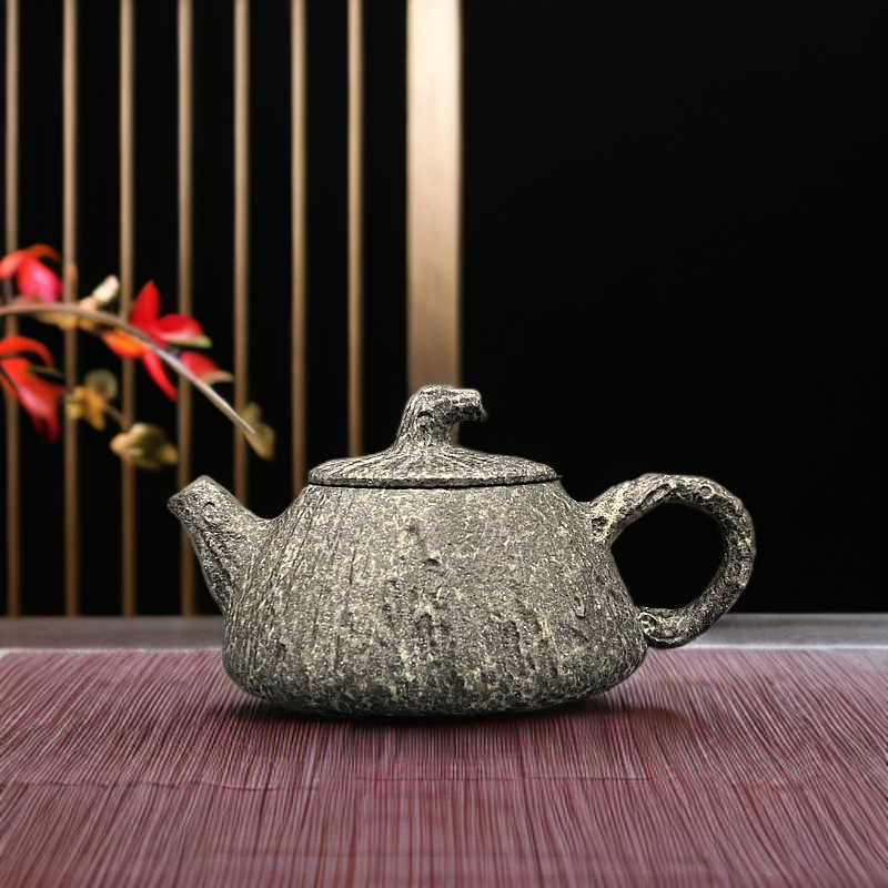 纯手工精美细豹树桩石瓢壶冰碛岩整石雕刻壶家用手制石壶190毫升