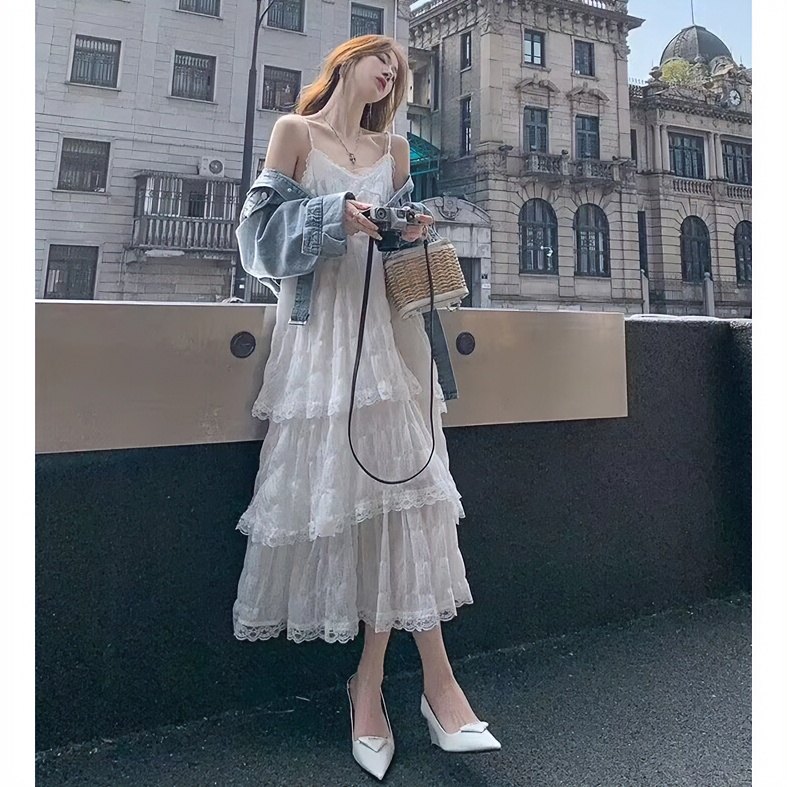 海边度假法式绝美蕾丝吊带连衣裙夏季仙女超仙气质森系沙滩长裙子