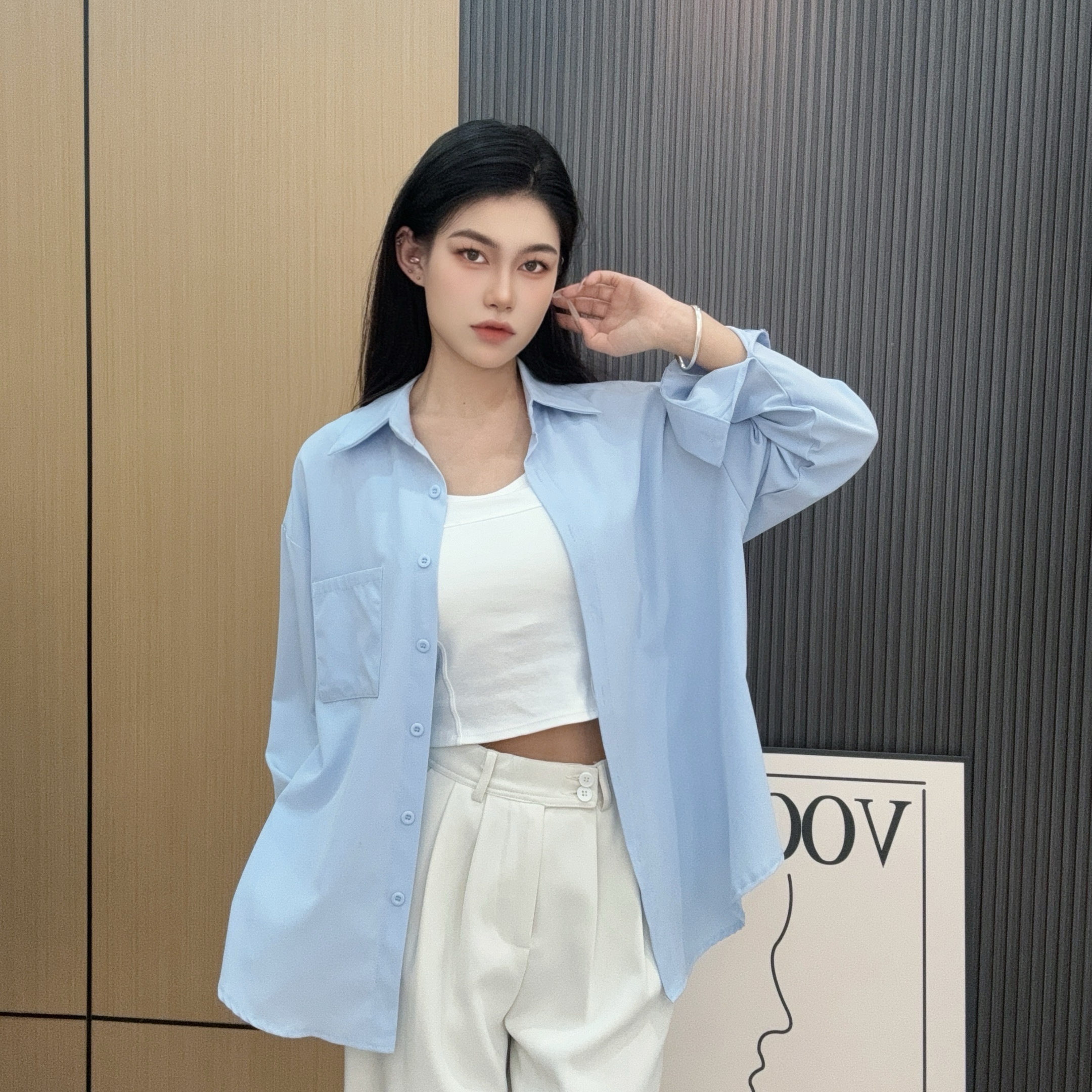 设计感防晒衫衬衫外套女春夏季简约百搭宽松中长款休闲纯色衬衣