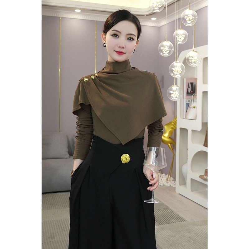 2025秋冬新款斗篷式假两件半高领长袖咖色T恤上衣薄绒打底衫女士