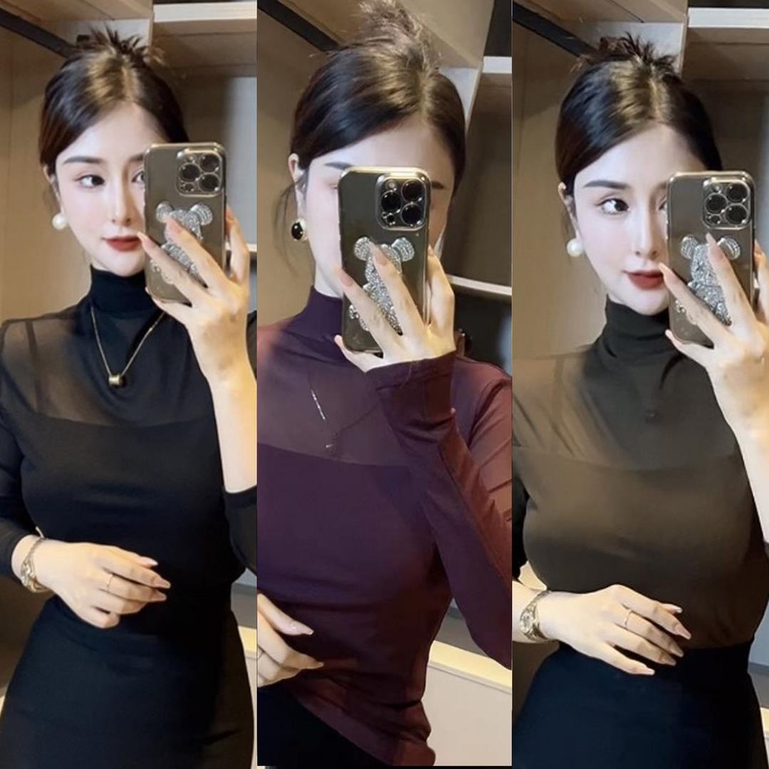 2025秋季新款长袖T恤女纯色显瘦百搭高领网纱打底衫上衣1025