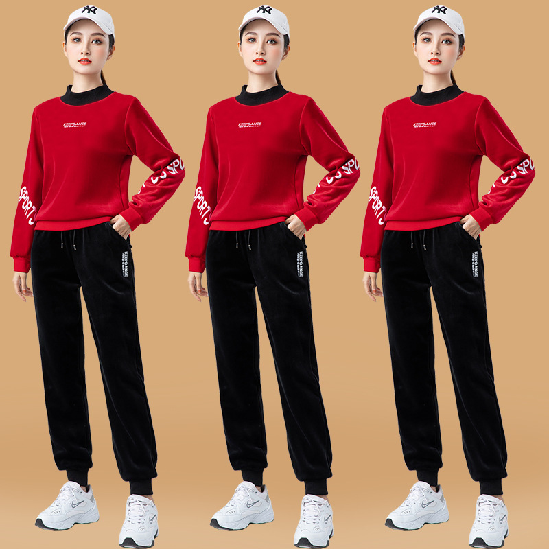 秋冬加绒加厚曳步舞服装金丝绒立领保暖广场舞运动休闲套装双面绒