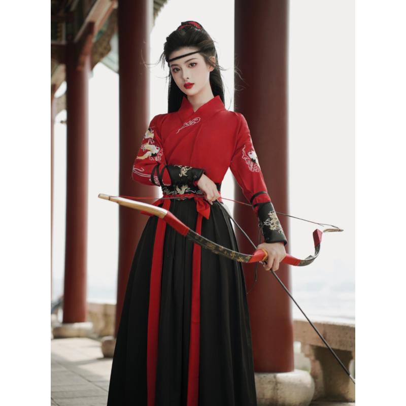 原创侠客汉服女中国风红色舞蹈演出服秋冬武侠古装帅气初中生全套