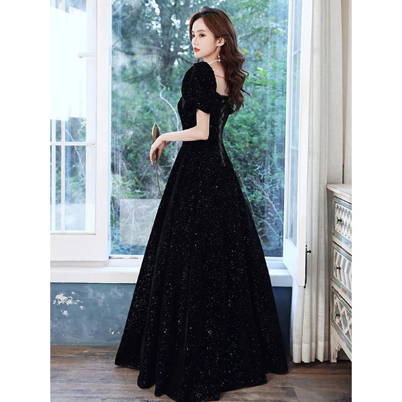 黑色晚礼服大码胖mm女新款长袖气质丝绒感年会主持人声乐艺考