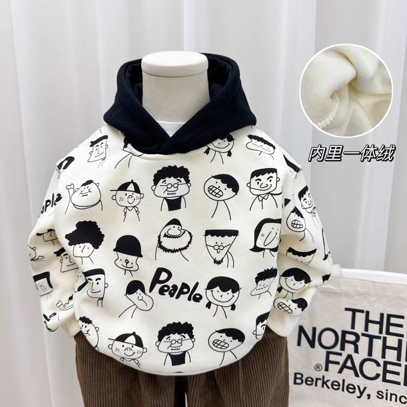 男童加绒卫衣秋冬装儿童纯棉连帽一体绒上衣中小童韩版休闲套头衫