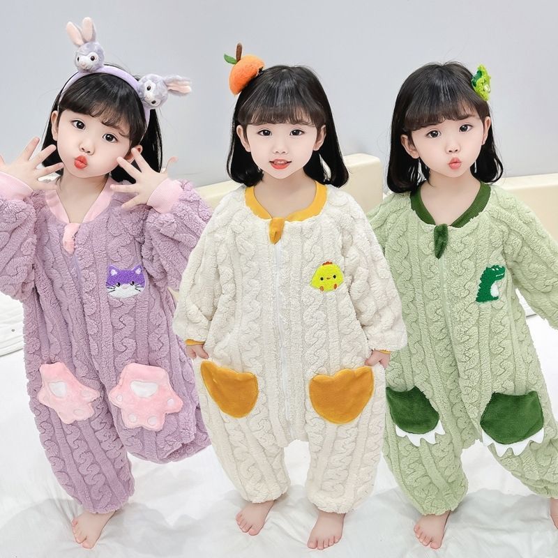 宝宝儿童睡衣珊瑚法兰绒秋冬保暖连体衣加厚女童家居服套装卡通