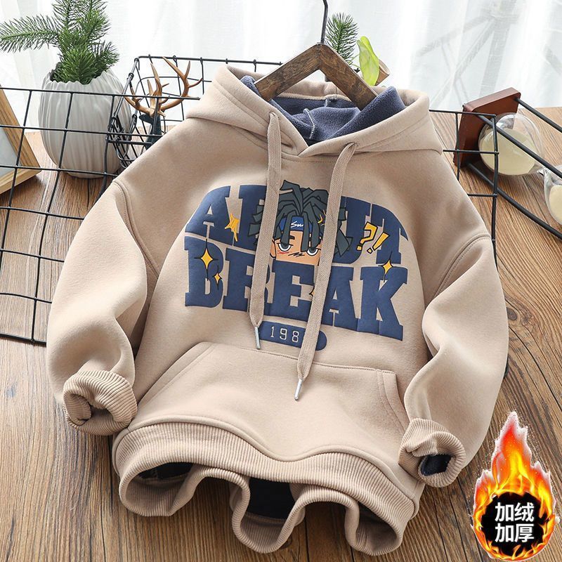 2022新款秋冬男童加绒连帽卫衣女童中大童棉加厚一体绒帽衫冬季潮
