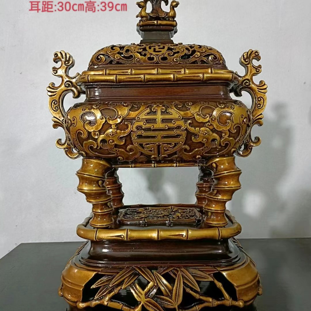竹节万寿无疆熏香炉 精炼铜 古法失蜡 手工制作 口径19/16cm客厅