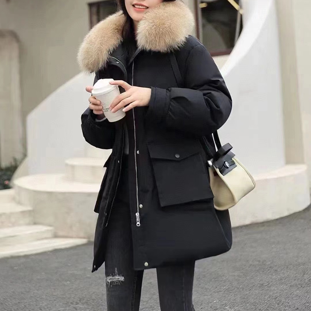 X4080【七七】休闲百搭连帽收腰显瘦大毛领保暖羽绒服外套3D