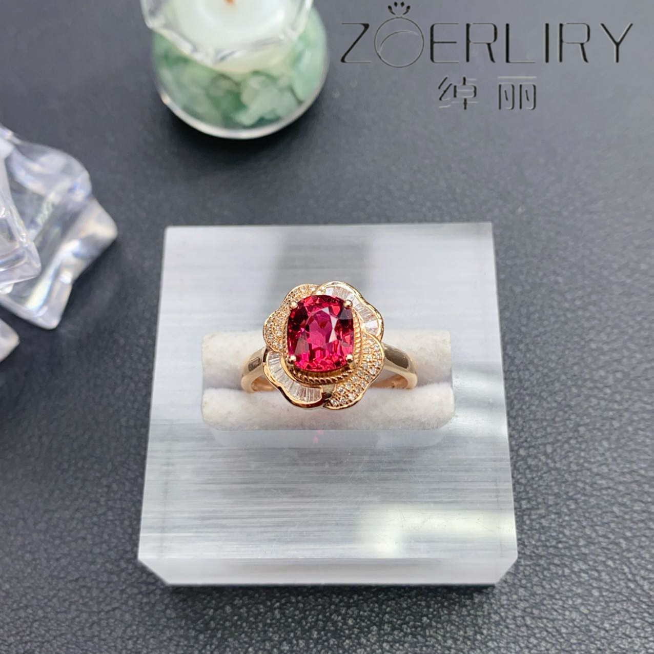 绰丽珠宝18k镶嵌钻石天然碧玺戒指 复古红色