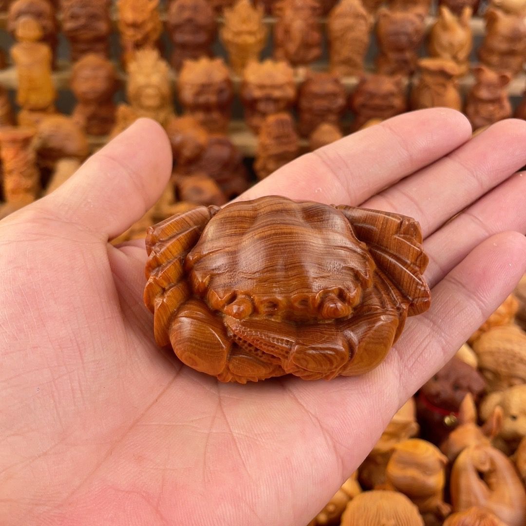 崖柏木雕高油老料八方来财螃蟹手把件纵横天下文玩把件工艺品