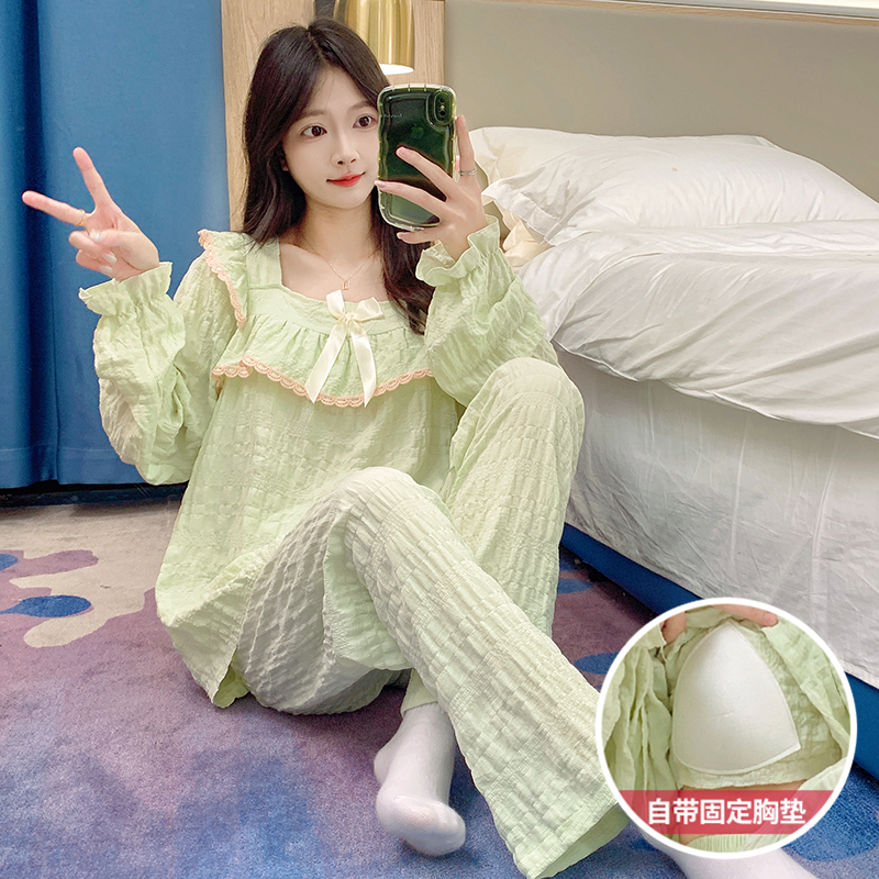 带胸垫春秋季云朵棉睡衣女提花公主宽松甜美宫廷风长袖家居服套装
