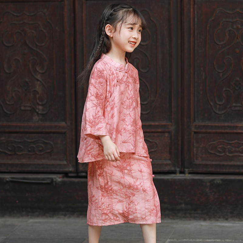 春夏款儿童唐装宝宝改良旗袍女童汉服套装女孩文艺茶服中国风套裙