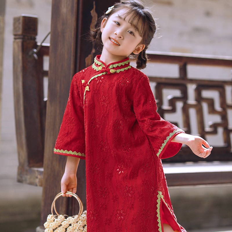 女童旗袍秋季新款中式民国风改良汉服长款连衣裙宝宝红色礼服童装