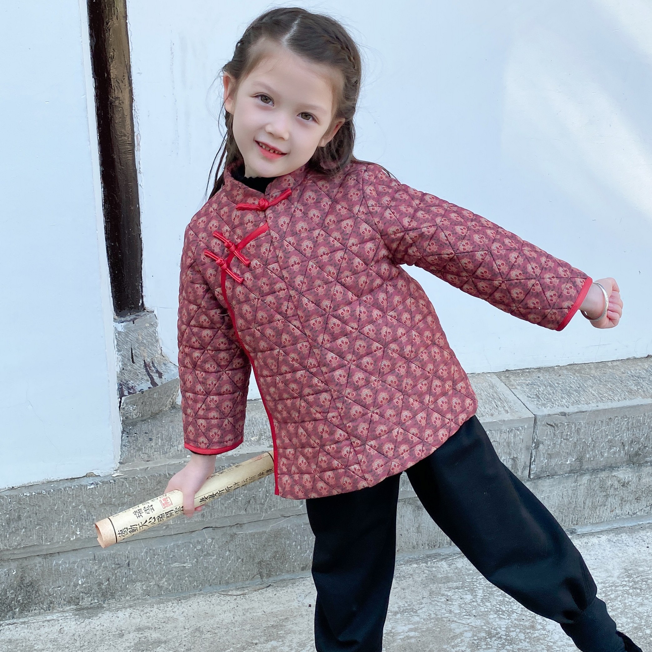 女童唐装碎花小棉衣中国风儿童冬装薄棉衣外套复古童装宝宝棉服