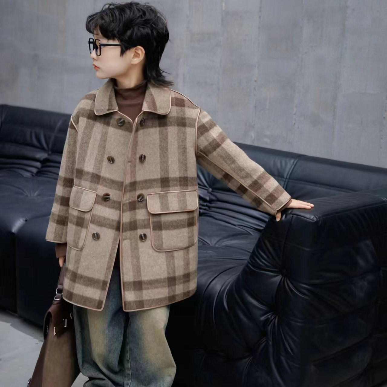 儿童大衣韩版双面洋气大衣毛呢外套中大童秋冬中长款大衣外套格子