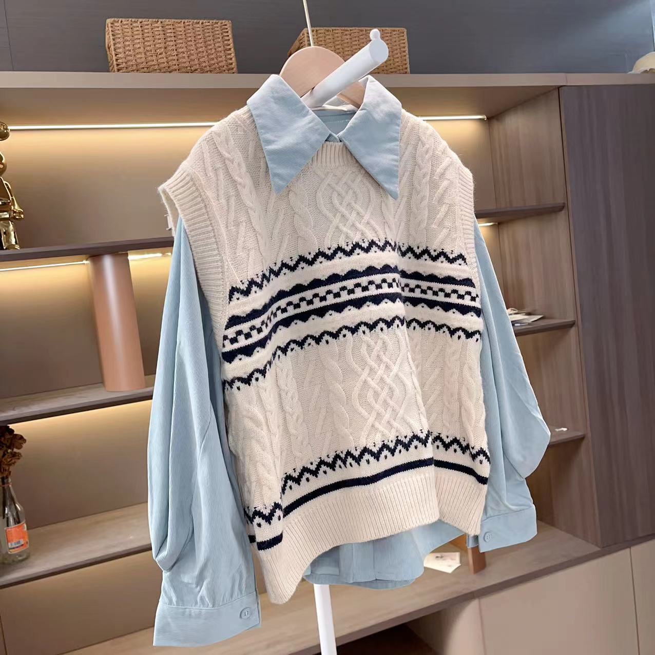 【现货】2025童装女童针织马甲衬衫套装春秋新款中大童两件套亲子装