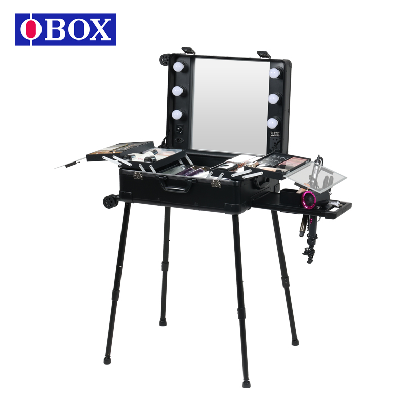 OBOX专业带灯化妆箱跟妆美妆大容量拉杆化妆师收纳可拆卸移动静音