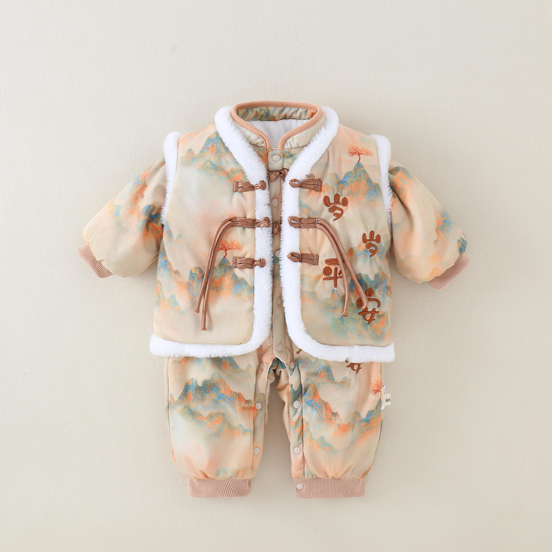 乐百童装新生婴儿中国风加棉加厚180克爬服连体衣男女宝宝外出服