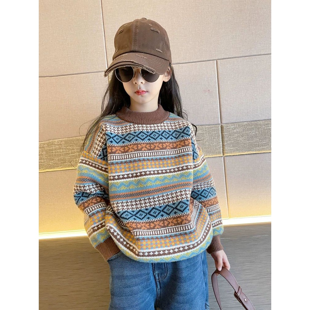 乐百童装女童毛衣秋冬2023新款洋气儿童针织衫中大童加绒加厚复古