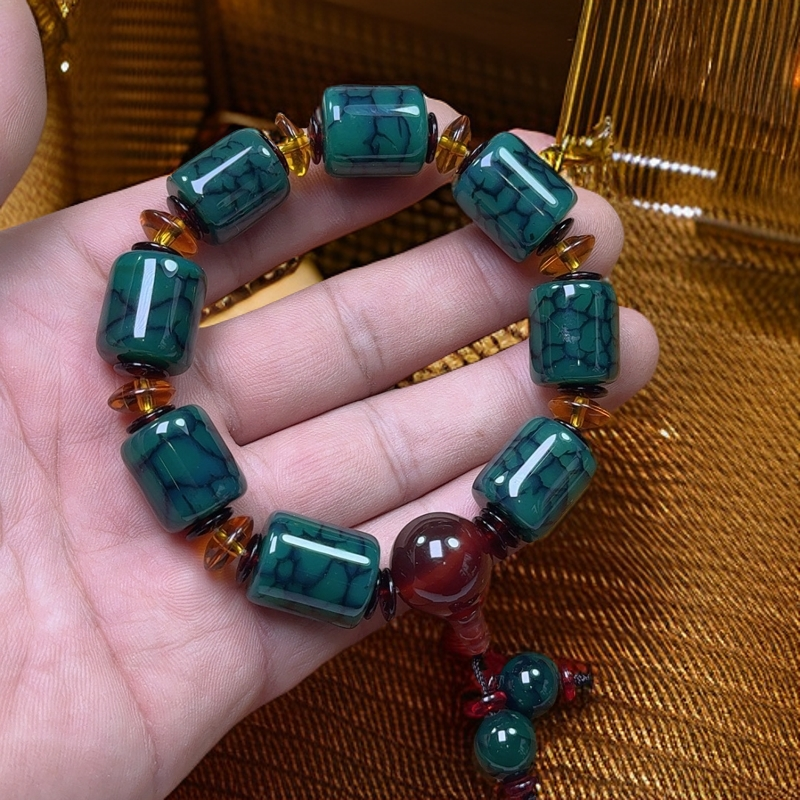 藏式绿色龙纹开片路路通手链