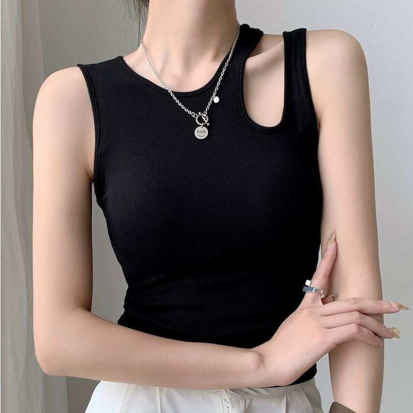 拉夏贝尔2024新款吊带背心外传镂空百搭无袖修身带胸垫罩杯上衣