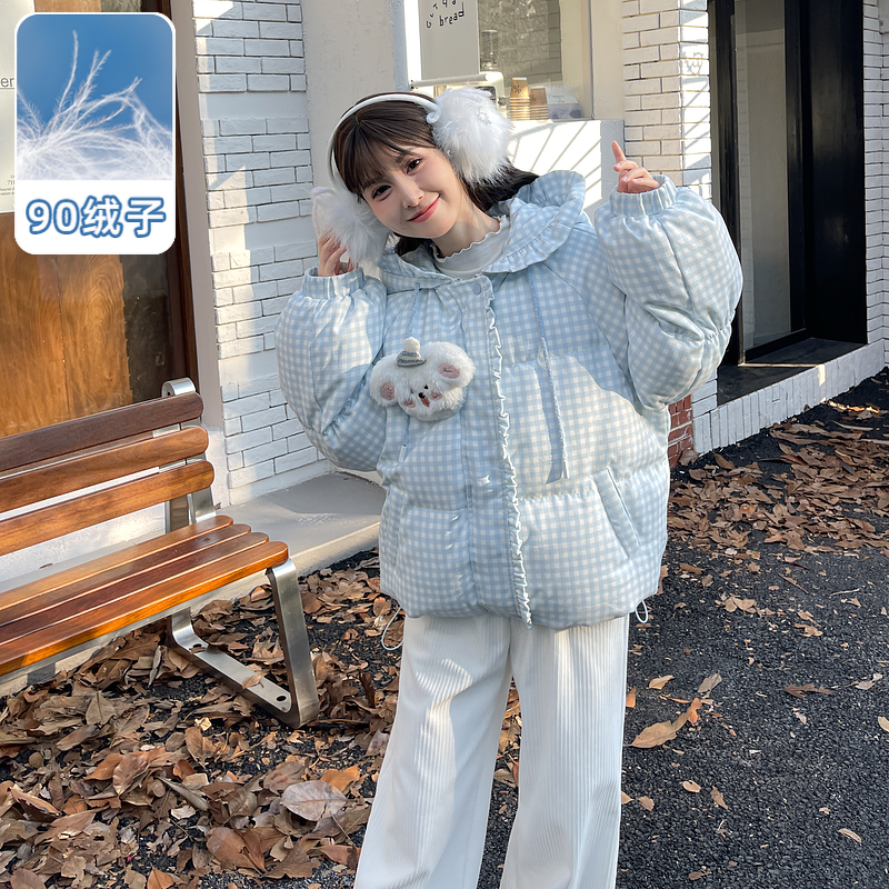 【保暖羽绒服】森女部落原创90白鸭绒格子印花面包服羽绒服2025年