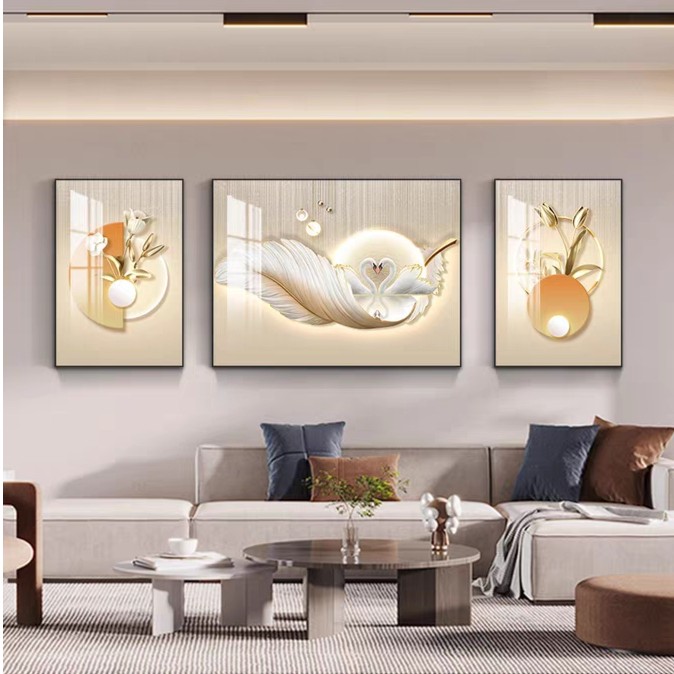 新疆包邮客厅现代轻奢简约天鹅艺术沙发背景三联画镶钻立体晶瓷画