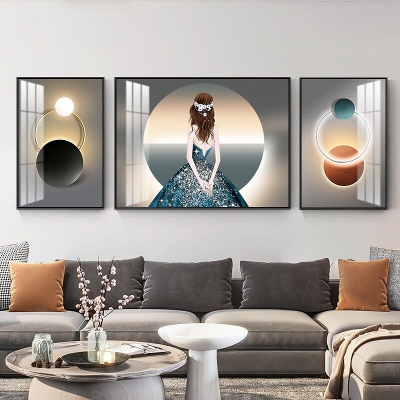 新疆包邮客厅现代轻奢简约抽象艺术沙发背景三联画镶钻立体晶瓷画