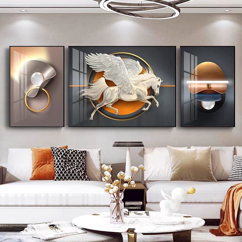 新疆包邮客厅现代轻奢简约抽象艺术沙发背景三联画镶钻立体晶瓷画