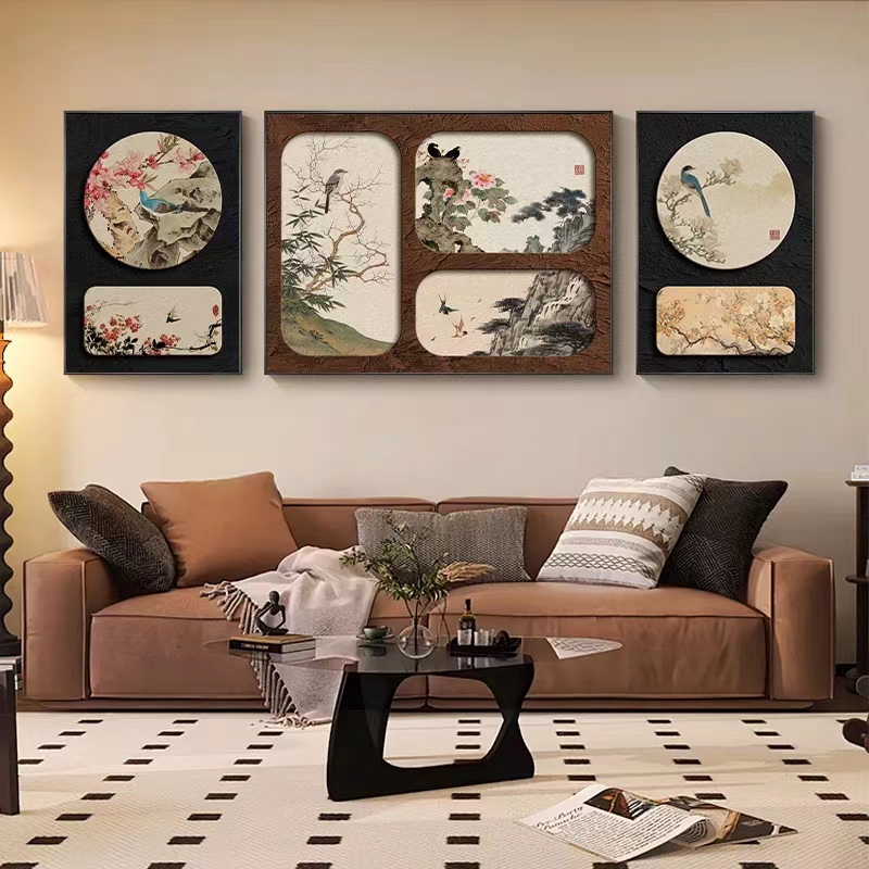 中古风客厅沙发背景墙装饰画现代大气简约三联挂画高级感墙面壁画