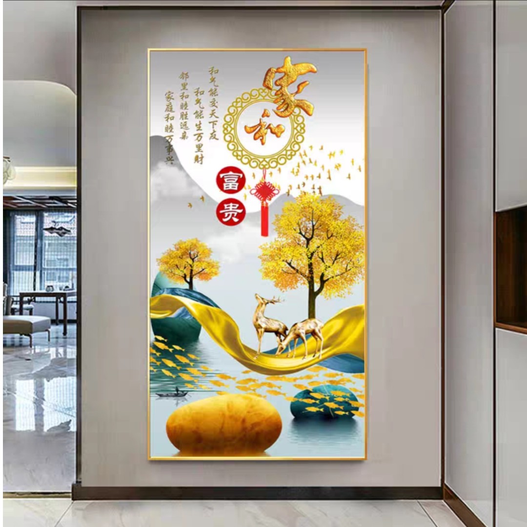 新款玄关九鱼立体晶瓷镶钻高级质感新中式现代轻奢时尚入户门壁画