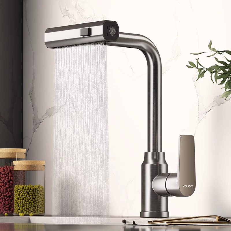 优勤304不锈钢厨房水龙头家用洗菜盆水槽专用枪灰抽拉式飞雨冷热