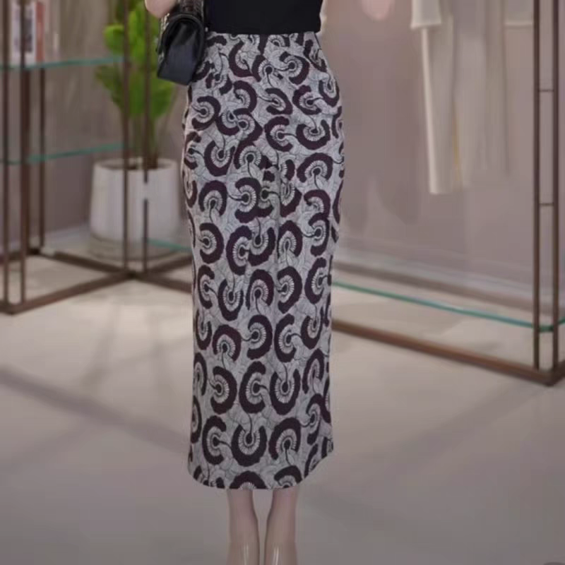 商场同款2024秋新款女装气质高腰显瘦印花褶皱直筒半身裙5200416