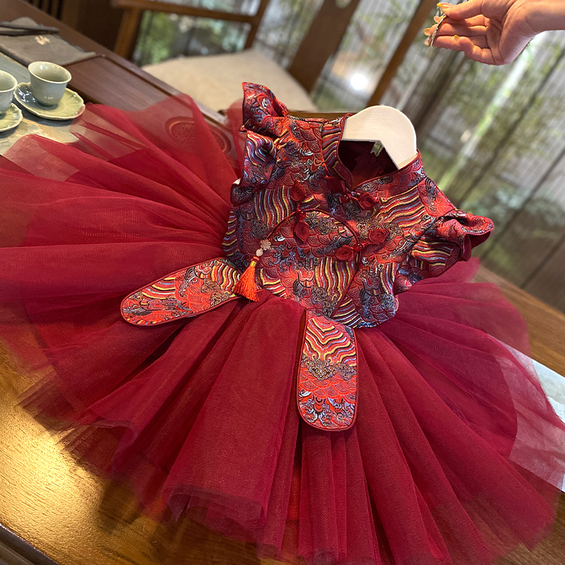 周岁女宝宝礼服夏季衣服红色新中式儿童生日一岁婴儿童旗袍公主裙