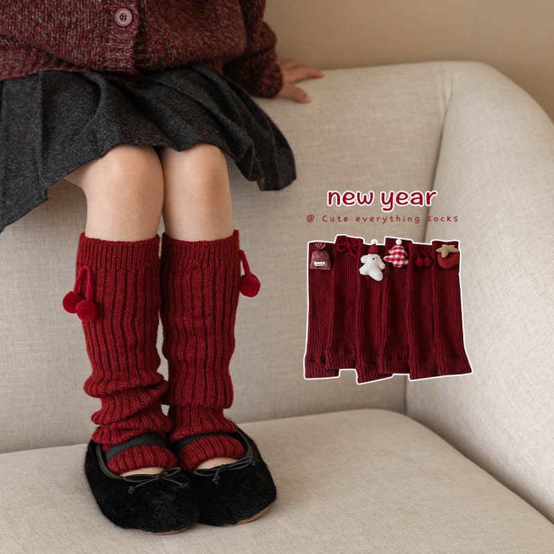 儿童新年款袜套秋冬宝宝加厚保暖堆堆袜女童本命年喜庆红色小腿套